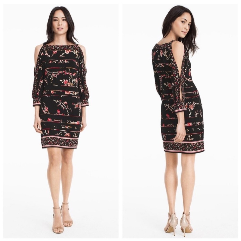 White House Black Market split sleeve‎ Shift Dress Black Pink Medium romantic